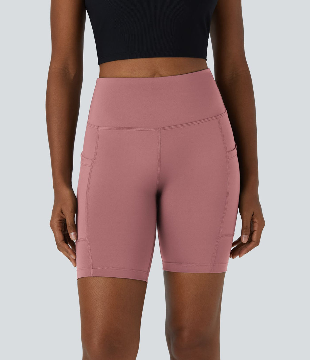 Short 17,5cm Biker Uni à Taille Haute avec Poche Latérale