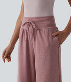 Pantalon casual large gainant taille haute à cordon de serrage avec poches
