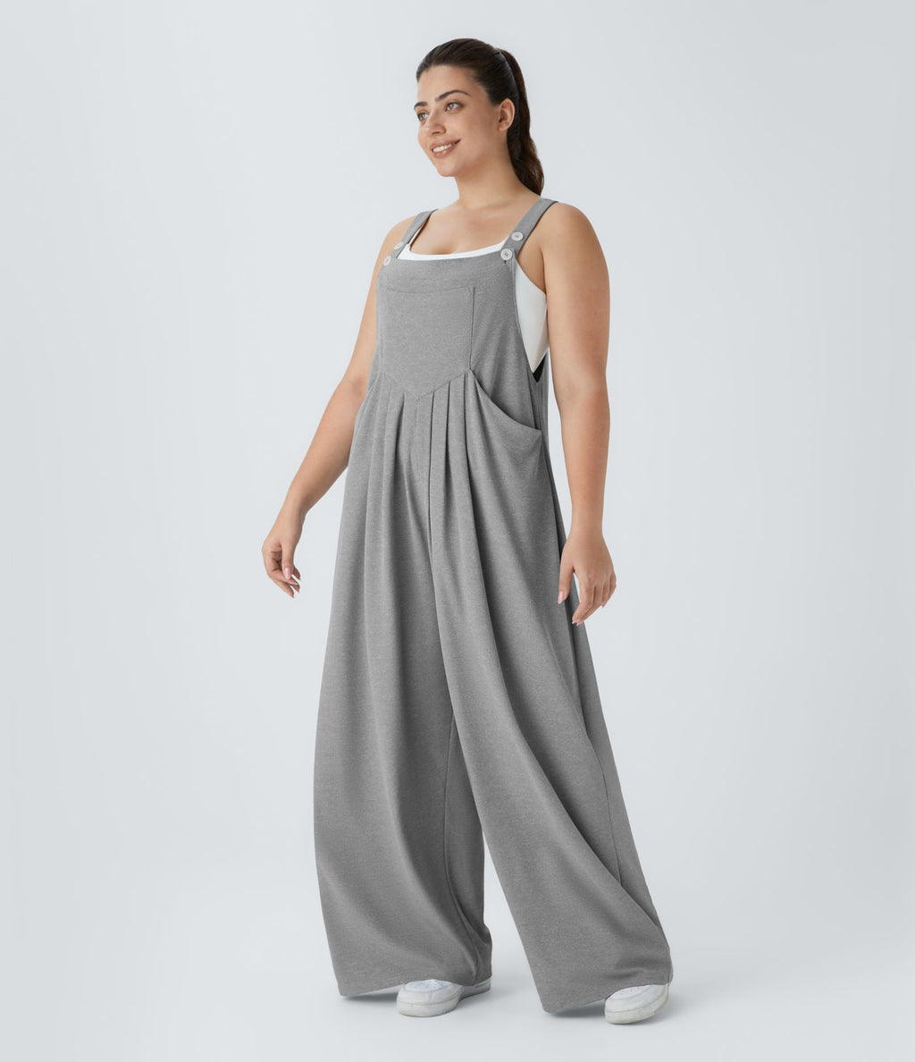 Salopette Casual Grande Taille en Gaufré avec Bretelles Ajustables Boutons et Poches Multiples