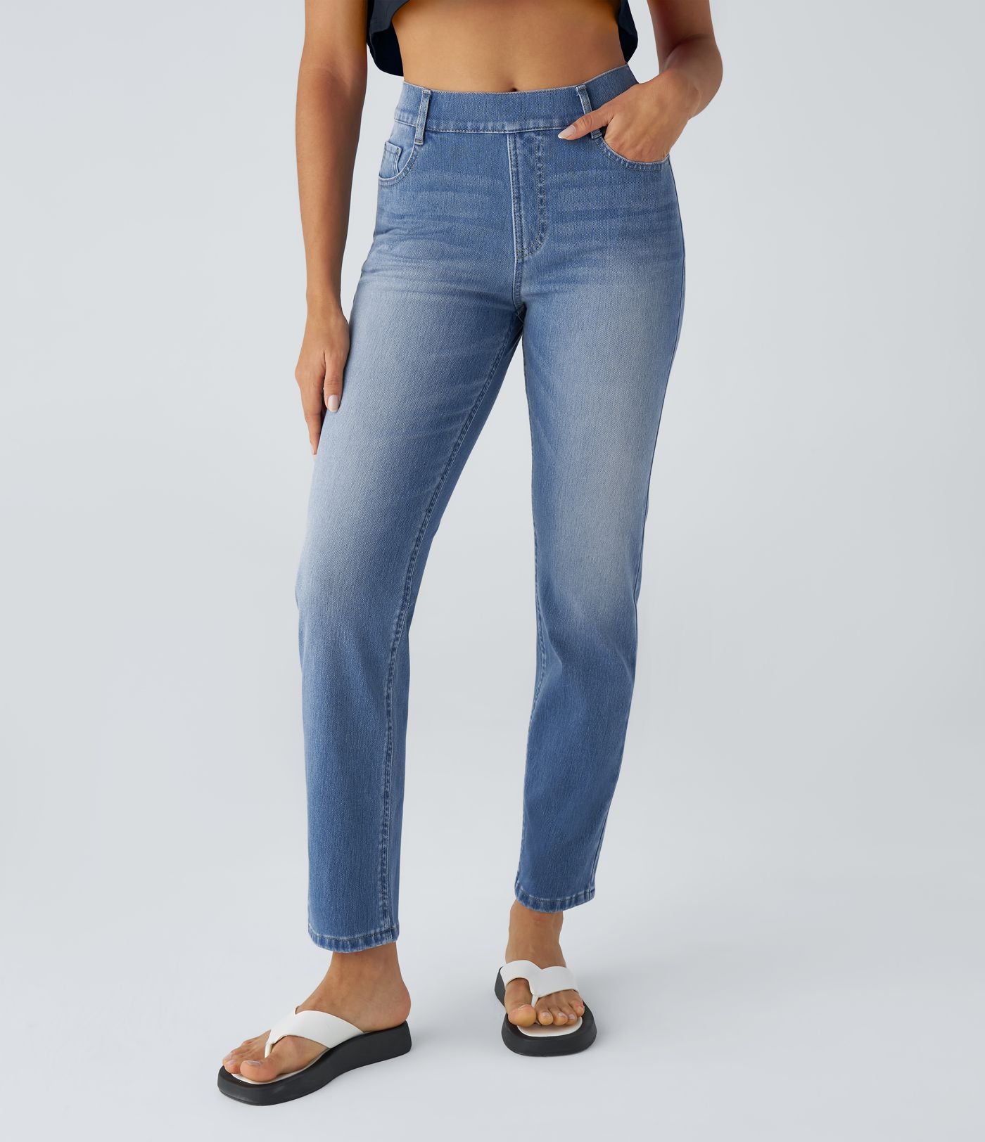 Jean droit Halara Flex™ à taille haute, poches multiples, effet délavé et tissu extensible