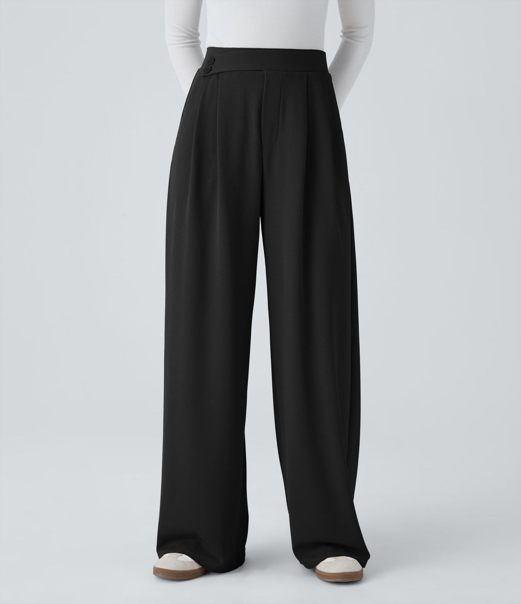 Pantalon taille haute décontracté large en maille gaufrée, avec poches