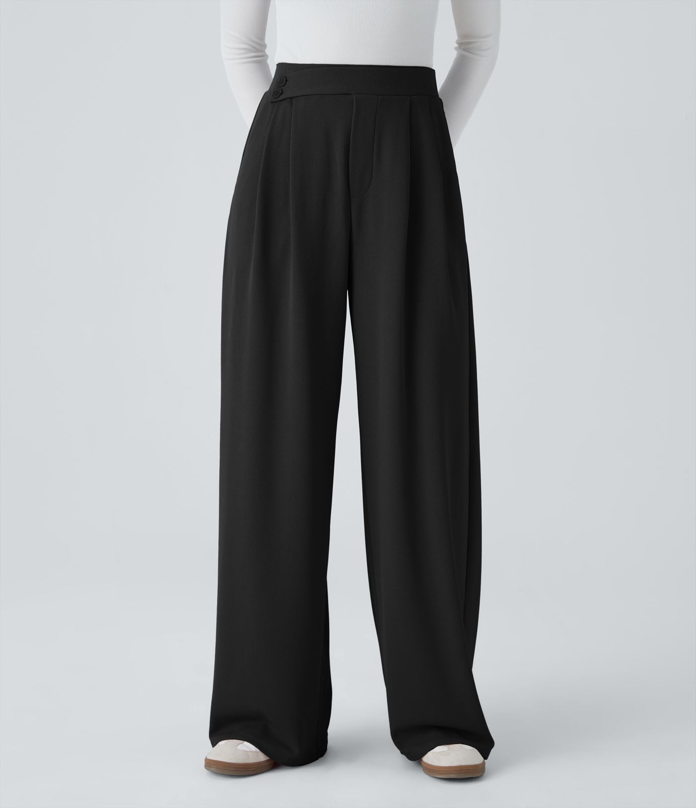 Pantalon taille haute décontracté large en maille gaufrée, avec poches