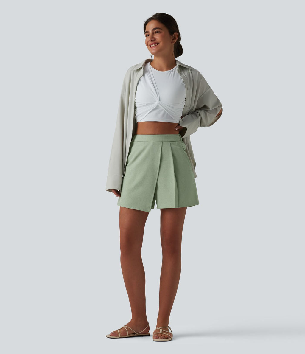 Jupe-short plissée taille haute casual infroissable aspect lin avec poches