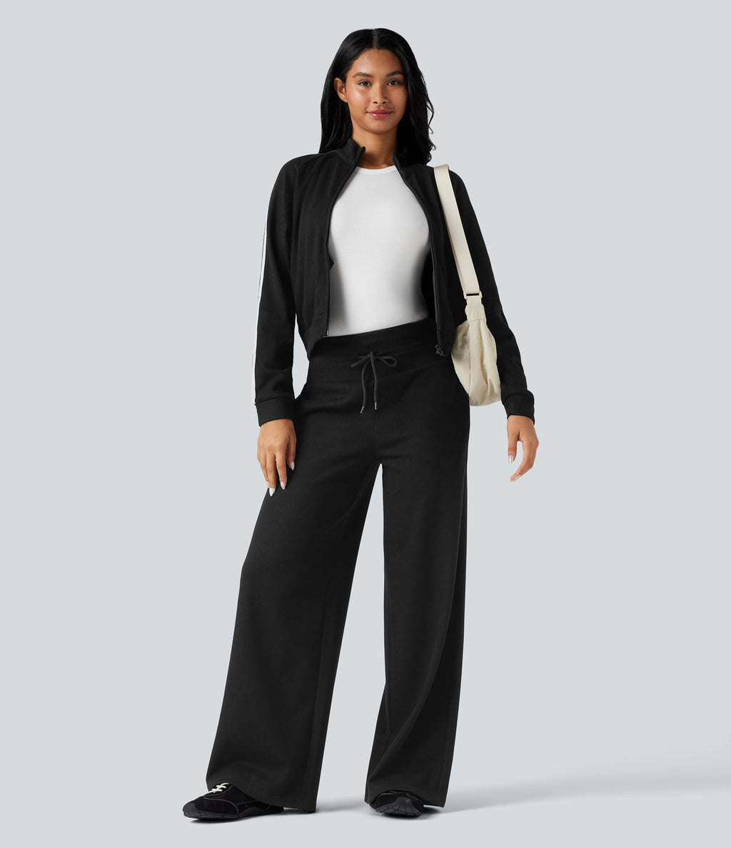Pantalon jogging large décontracté côtelé gainant taille haute avec cordon de serrage et poches