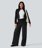 Pantalon jogging large décontracté côtelé gainant taille haute avec cordon de serrage et poches