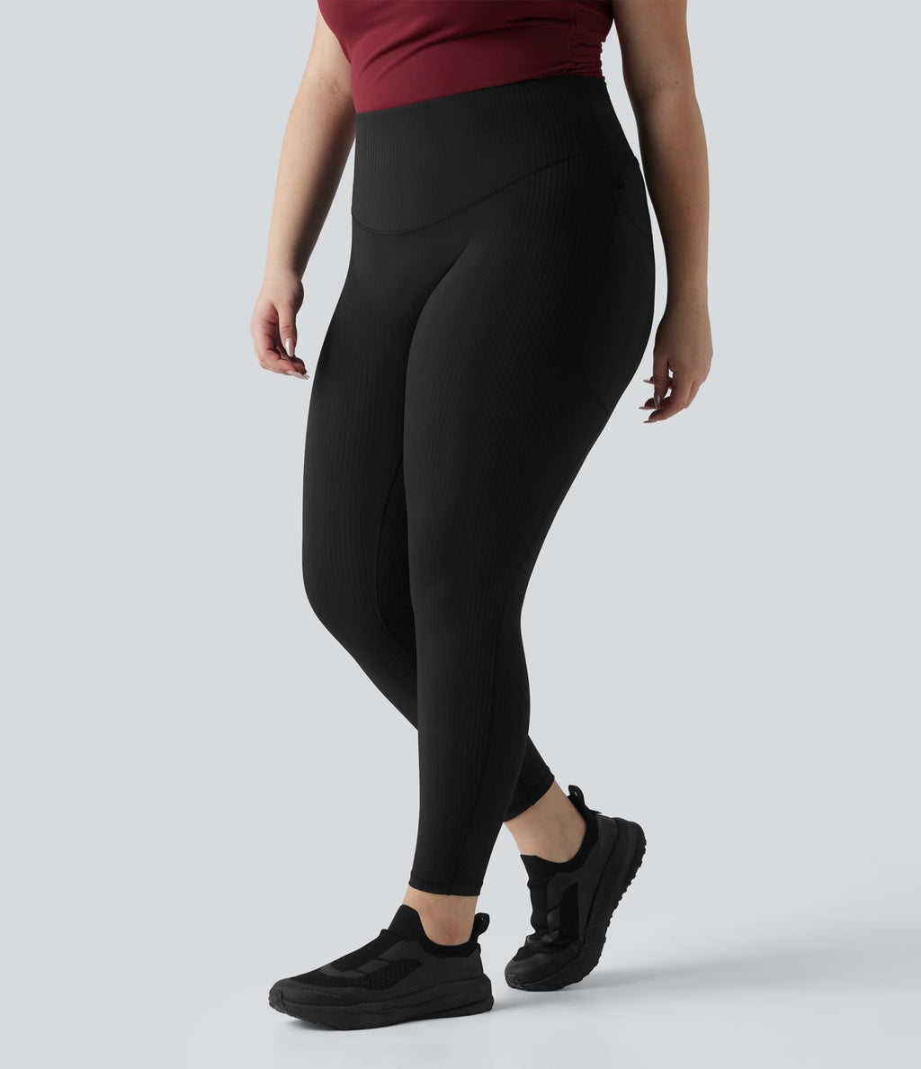 Legging sport grande taille en maille côtelé, effet ventre plat, taille haute avec poches