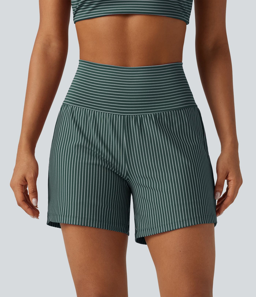 Short de yoga 2-en-1 à rayures, taille très haute, 12,5 cm, à poches