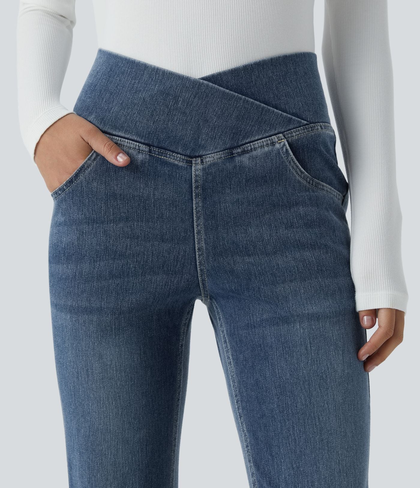 Halara Flex™ Jean Évasé à Taille Haute avec Poche Crossover Tissu Élastique Lavé