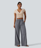Pantalon casual ample aspect lin taille mi-haute avec poches