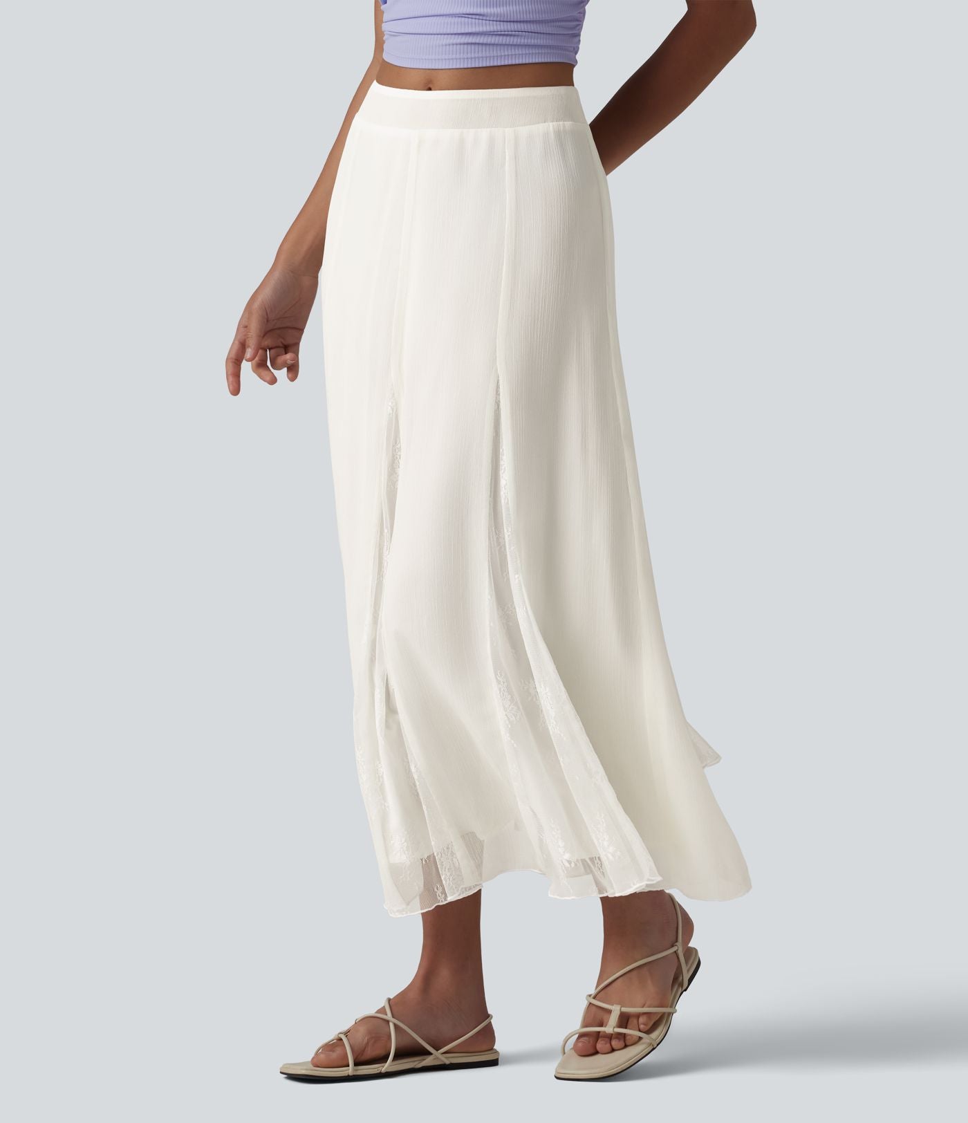 Jupe midi fluide taille haute en mousseline avec dentelle contrastée et fermeture éclair invisible