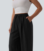 Pantalon casual ample lin taille haute à cordon de serrage avec poches