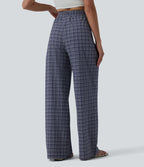 Pantalon large casual taille haute carreaux froissés à séchage rapide avec cordon de serrage et poches zippées