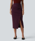 Jupe midi moulante tailleur taille haute croisée à rayures et ourlet fendu