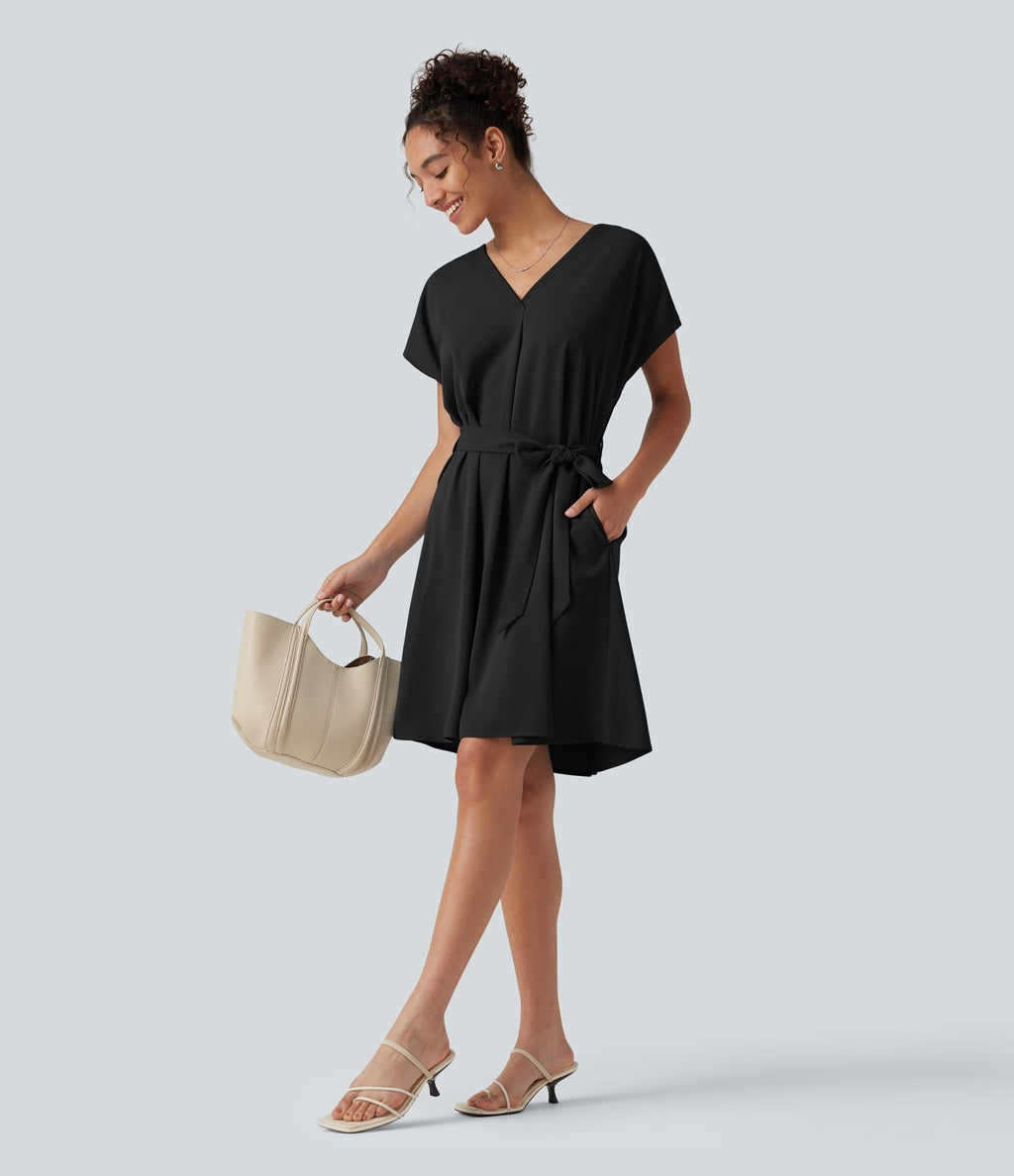 Robe mini esprit bureau défroissage facile, col V, ceinture, manches chauve-souris et poches