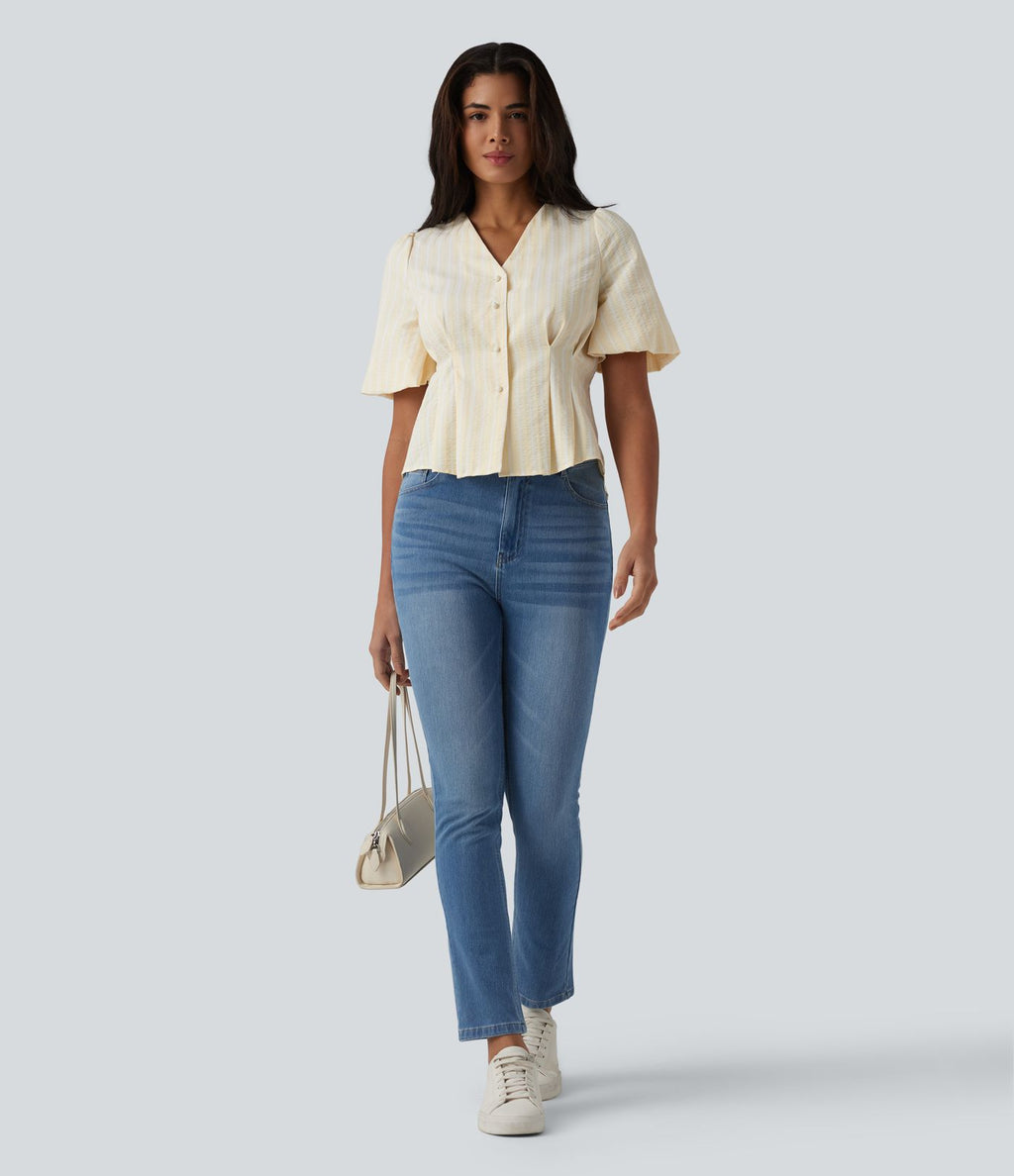 Blouse casual à rayures col V et manches bouffantes mi-longues