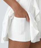 Robe décontractée mini 2-pièces col V liens latéraux volant fluide avec poche A-D
