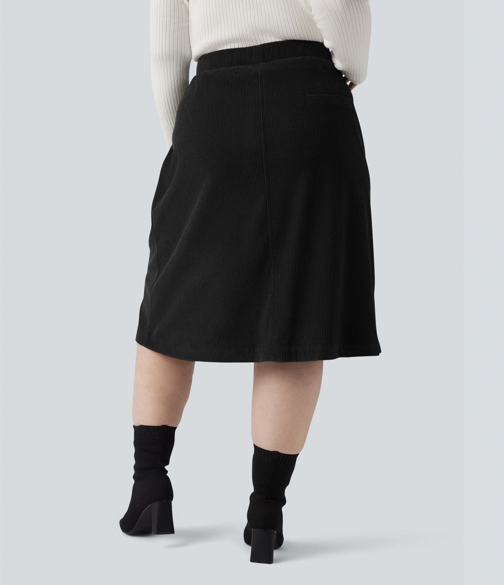 Jupe décontractée grande taille mi-longue en velours côtelé taille mi-haute avec poches
