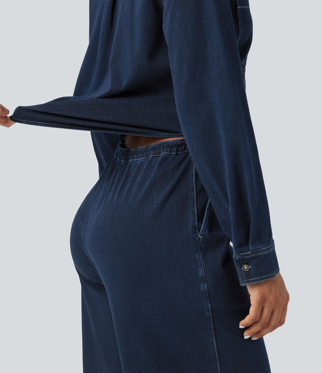 Combinaison denim délavé Halara Flex™ jambes larges manches longues avec cordon de serrage et poches - Édition Easy Peasy