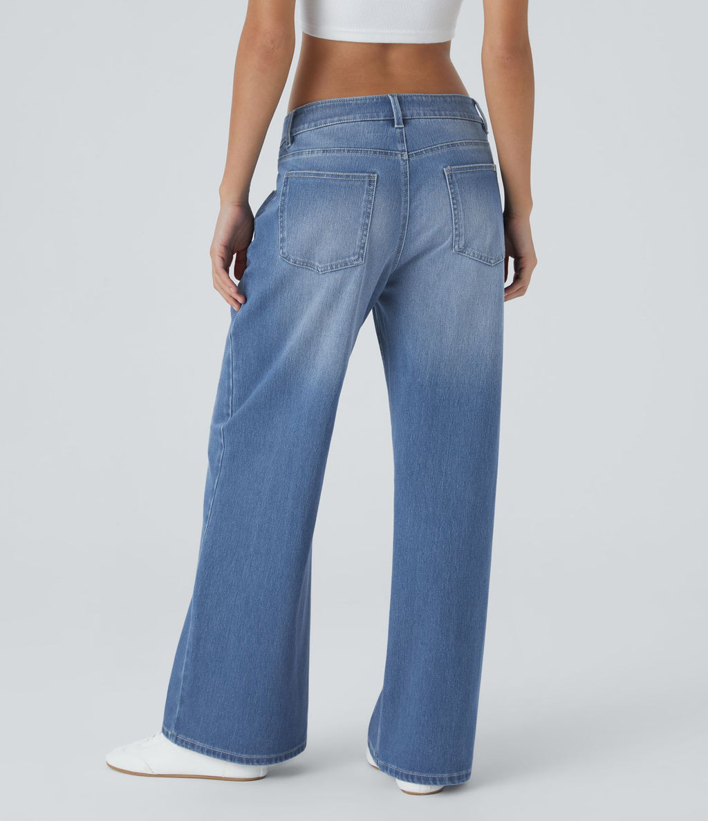 Halara Flex™ Jean Large Casual Taille Basse avec Boutons Zip Multiples Poches Lavés Élastiques et Tricotés