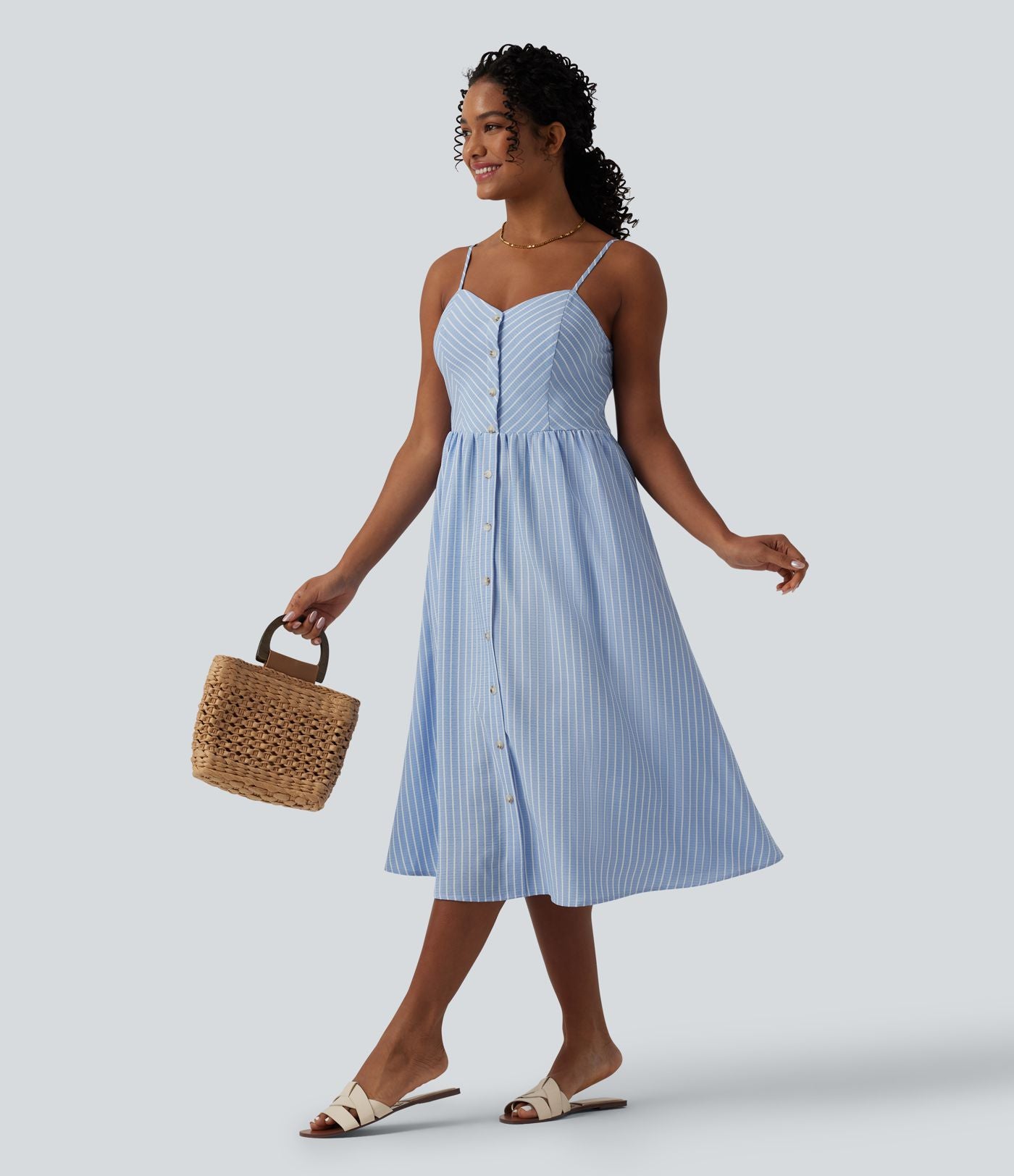 Robe midi bretelles à rayures froncée avec poches