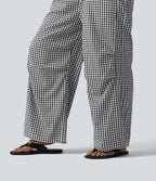 Pantalon ample décontracté à carreaux vichy, taille mi-haute, cordon de serrage et poches