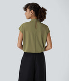 Blouse de Travail à Col Montant Plissée avec Boutons dans le Dos et Manches Courtes