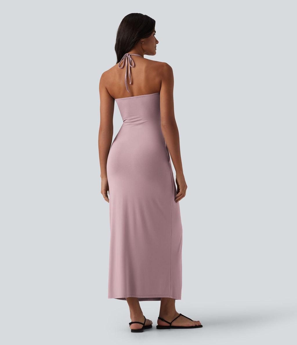 Robe longue dos nu col licou avec nœud et poches