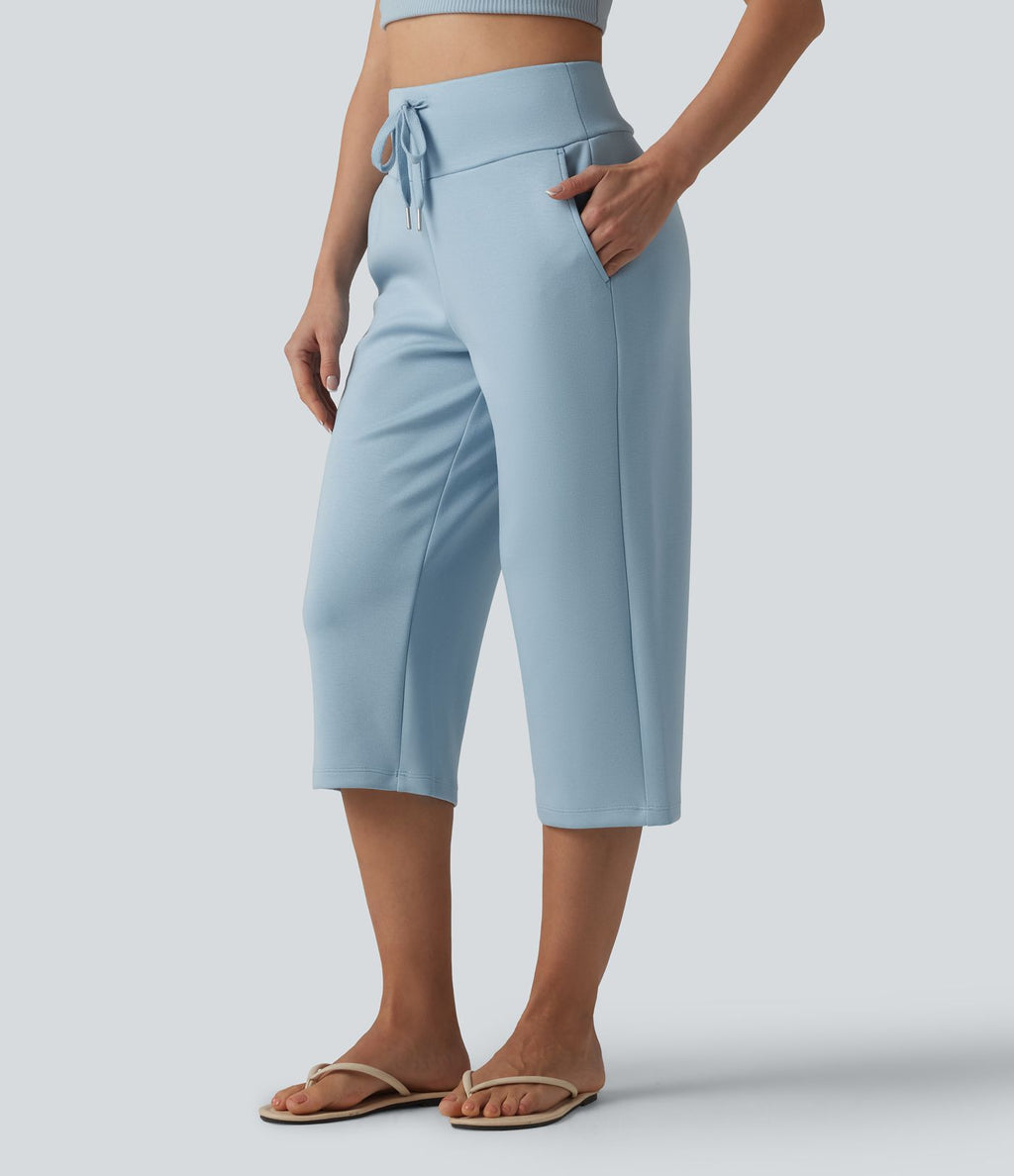 Pantalon Capri décontracté à taille haute, coupe droite, cordon de serrage et poches