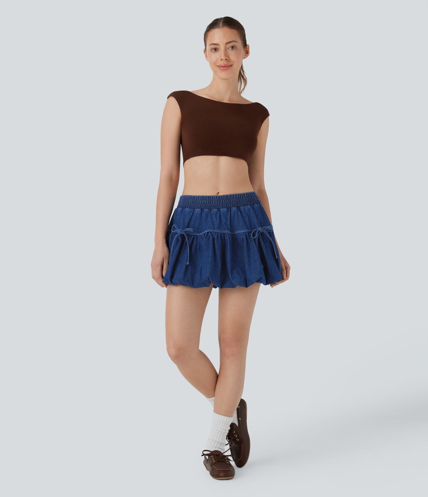 Halara Flex™ jupe-short boule mini 2-en-1 taille moyenne à nœud en jean extensible délavé