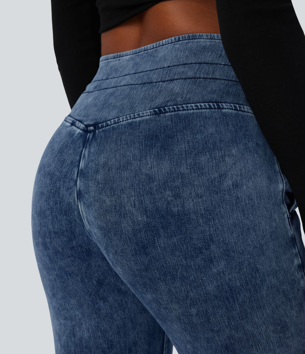 Halara Flex™ Jean Casual Taille Haute avec Cordon de Serrage et Poches Latérales en Tricot Extensible Lavé