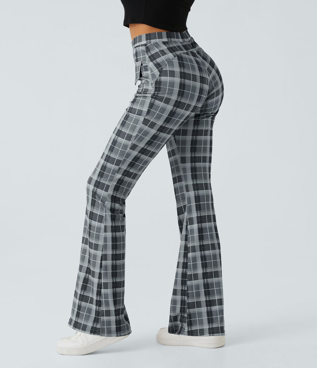 Pantalon Casual à Carreaux Évasé et Taille Haute avec Poches