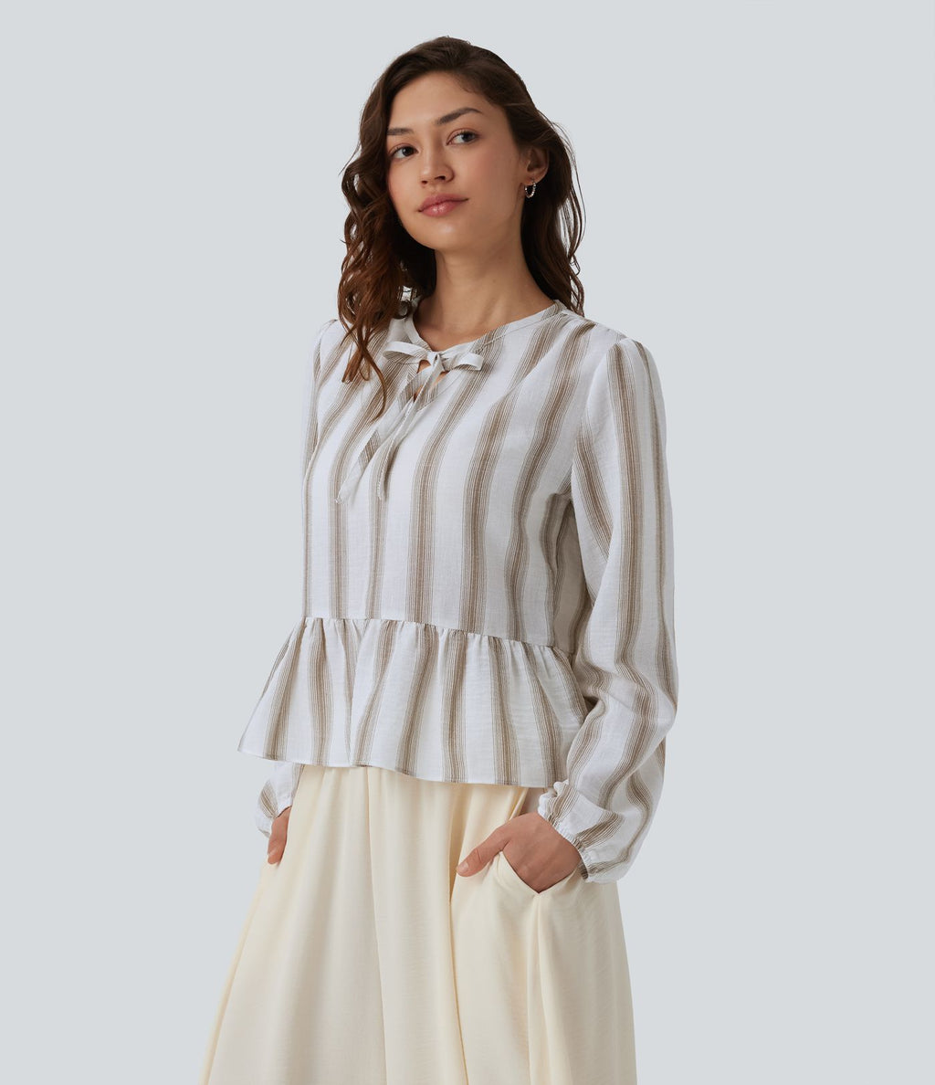 Blouse aspect lin à rayures manches longues ourlet à volants à nouer devant
