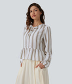 Blouse aspect lin à rayures manches longues ourlet à volants à nouer devant