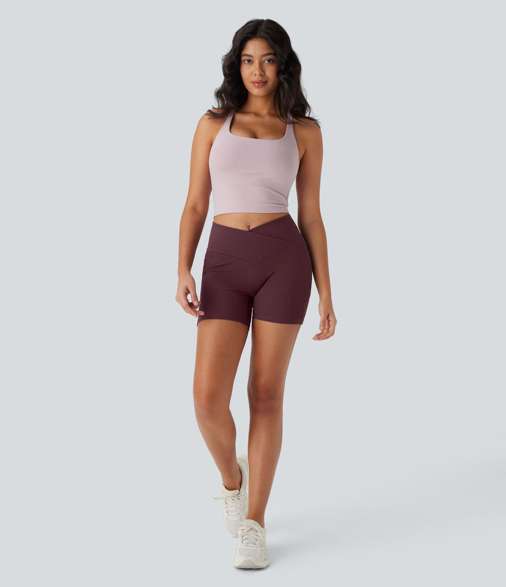 Short de yoga gaufré à taille haute croisée avec poches latérales 12,5 cm