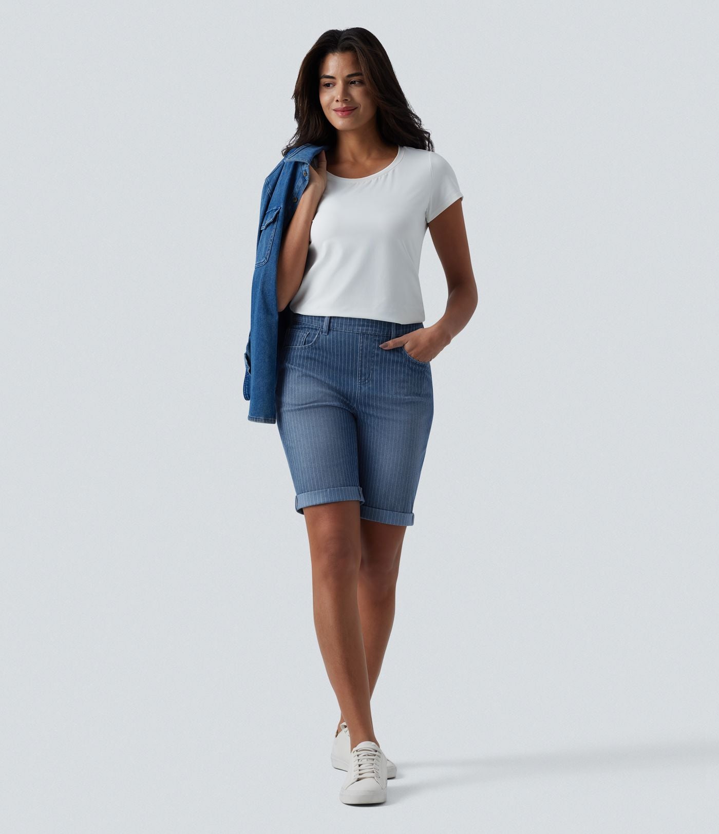Short skinny casual en jean Halara Flex™ à rayures taille mi-haute avec ourlet retroussé et poches