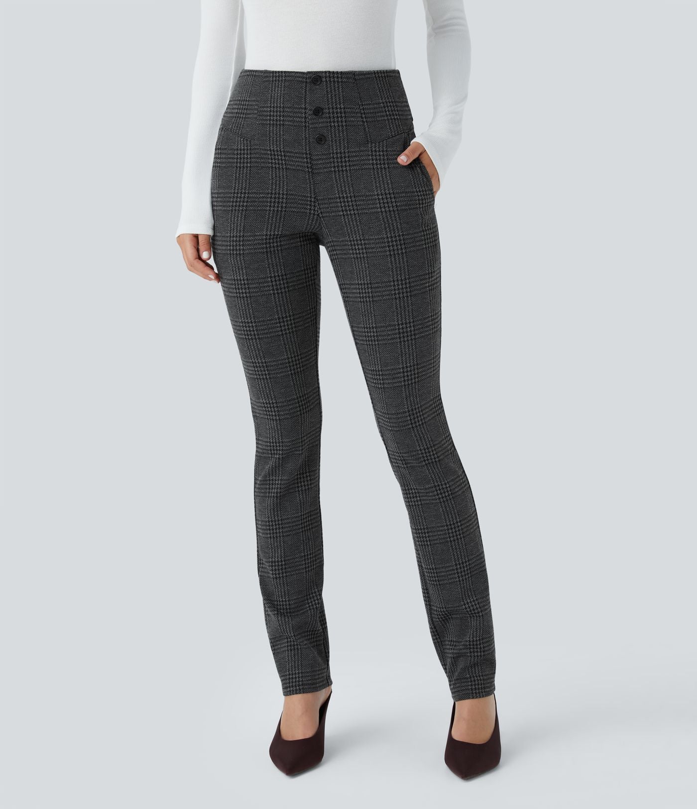 Halara Flex™ Pantalon tailleur Cintrés à Taille Haute avec Boutons Décoratifs Poches Latérales et Imprimé Pied-de-Poule