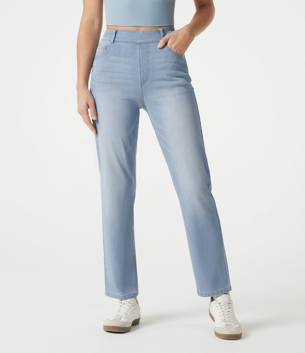 Jean droit Halara Flex™ à taille haute, poches multiples, effet délavé et tissu extensible