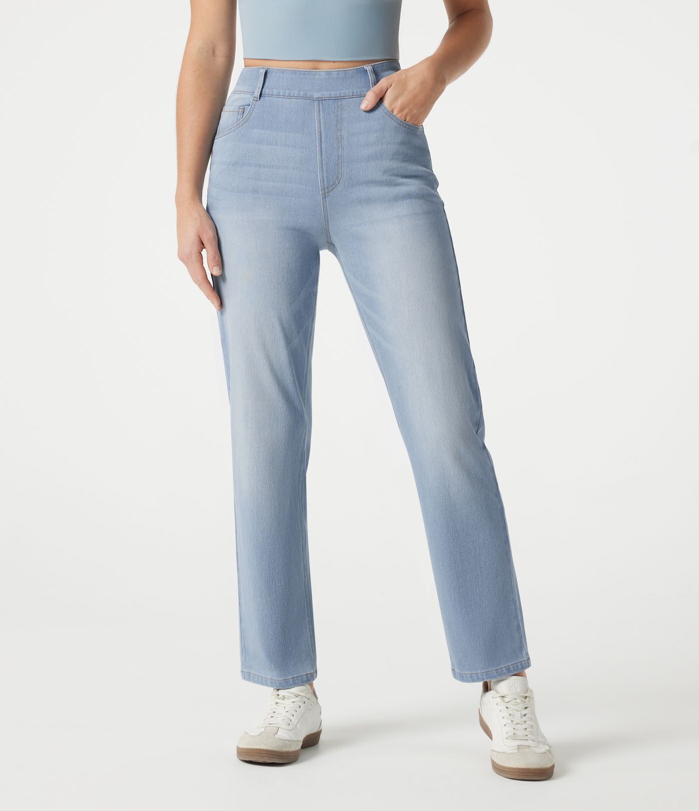 Jean droit Halara Flex™ à taille haute, poches multiples, effet délavé et tissu extensible