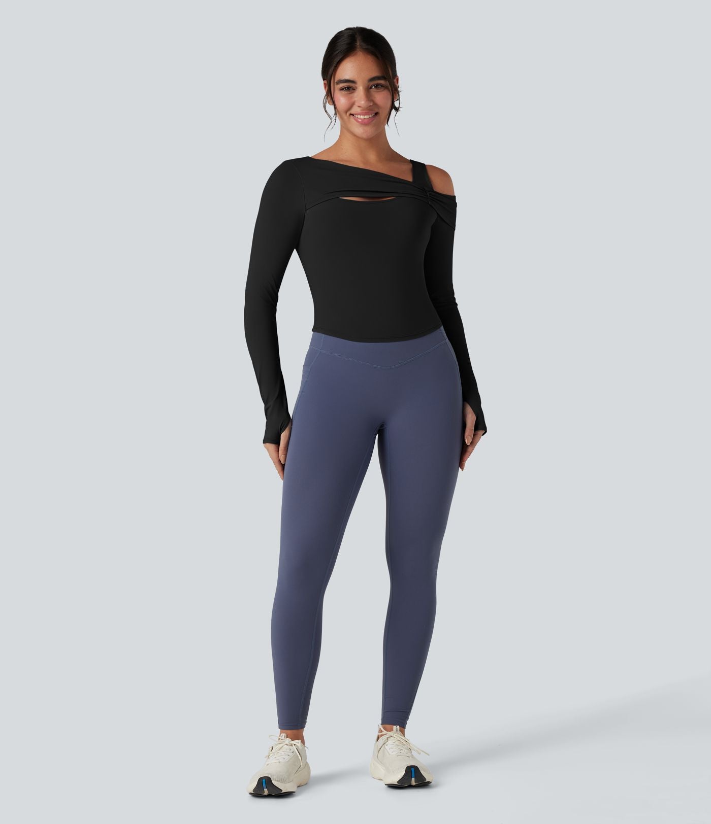 Top de sport yoga épaule asymétrique manches longues avec trous pouces