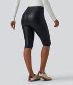 Legging corsaire casual ventre plat taille haute extensible en simili cuir avec poches