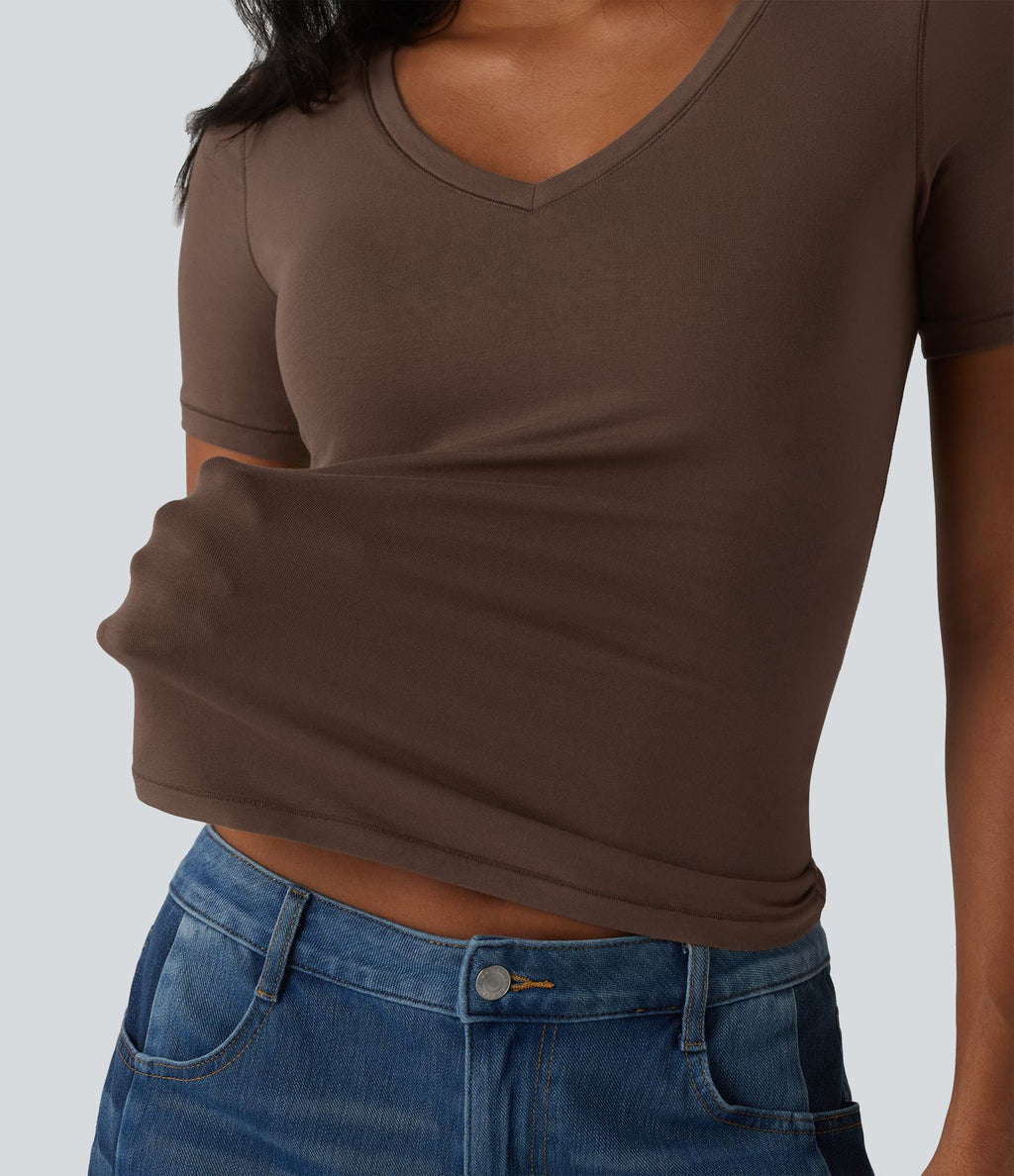 Halara T-shirt décontracté en jersey de coton col V manches courtes avec soutien-gorge intégré bonnets B-DD