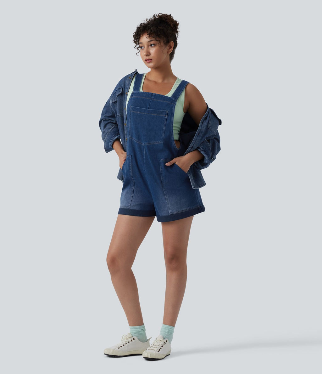 Halara Flex™ Salopette courte en denim encolure carrée ourlet retroussé avec poches