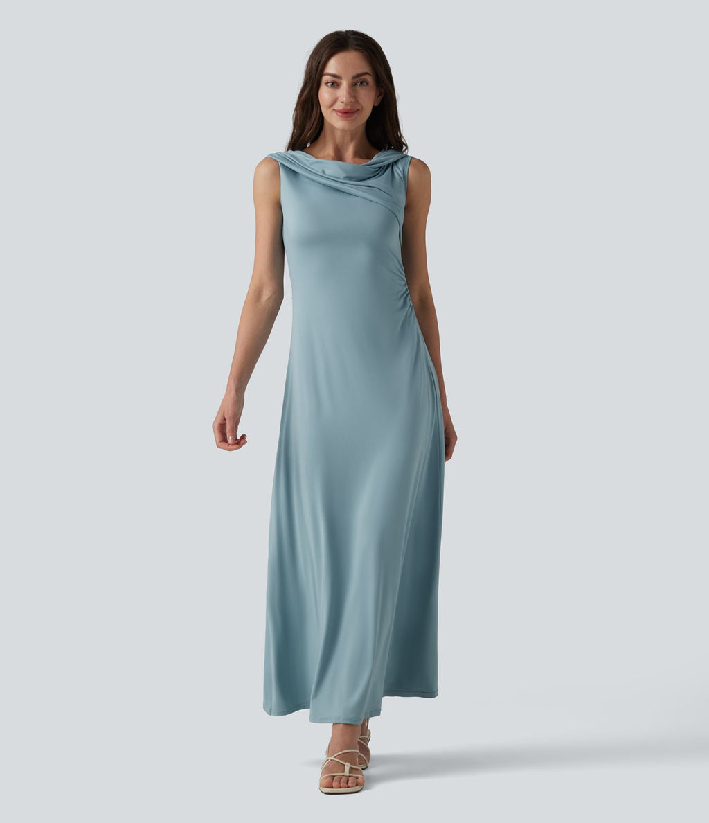 Robe casual maxi froncée à épaules dénudées avec lien noué dans le dos