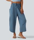 Pantalon court décontracté taille haute avec cordon de serrage, ourlet arrondi, effet lin et poches