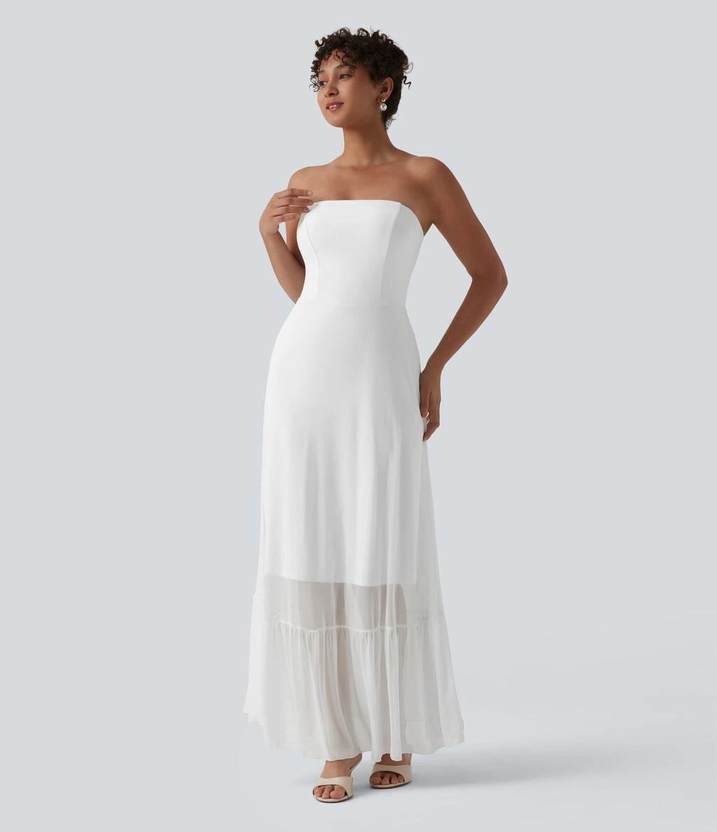 Robe longue fluide mesh contrastant avec volants à l'ourlet et coussinets fixes