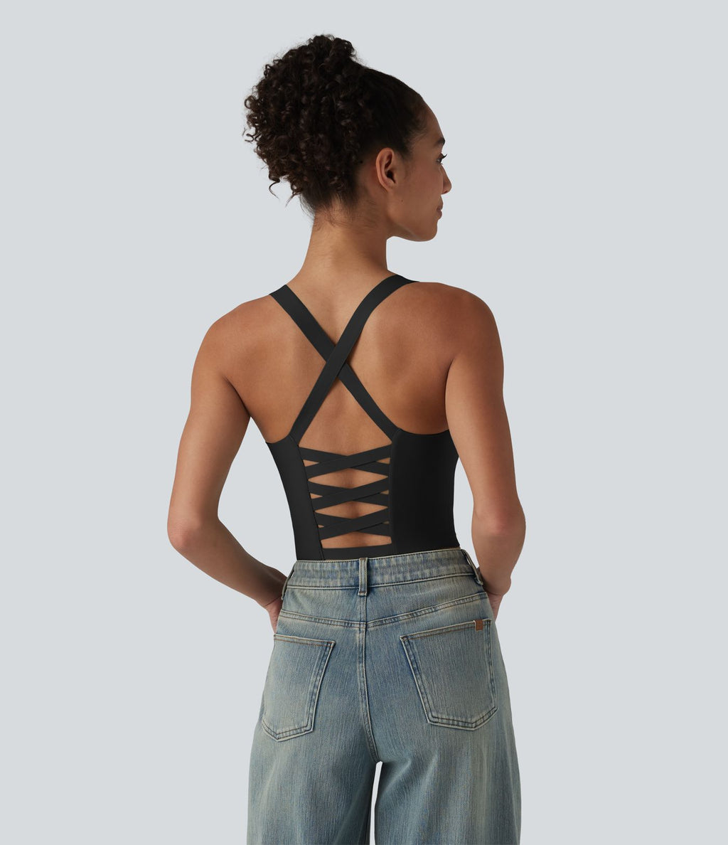 Crop top casual col U avec brassière intégrée — Bonnets B-E