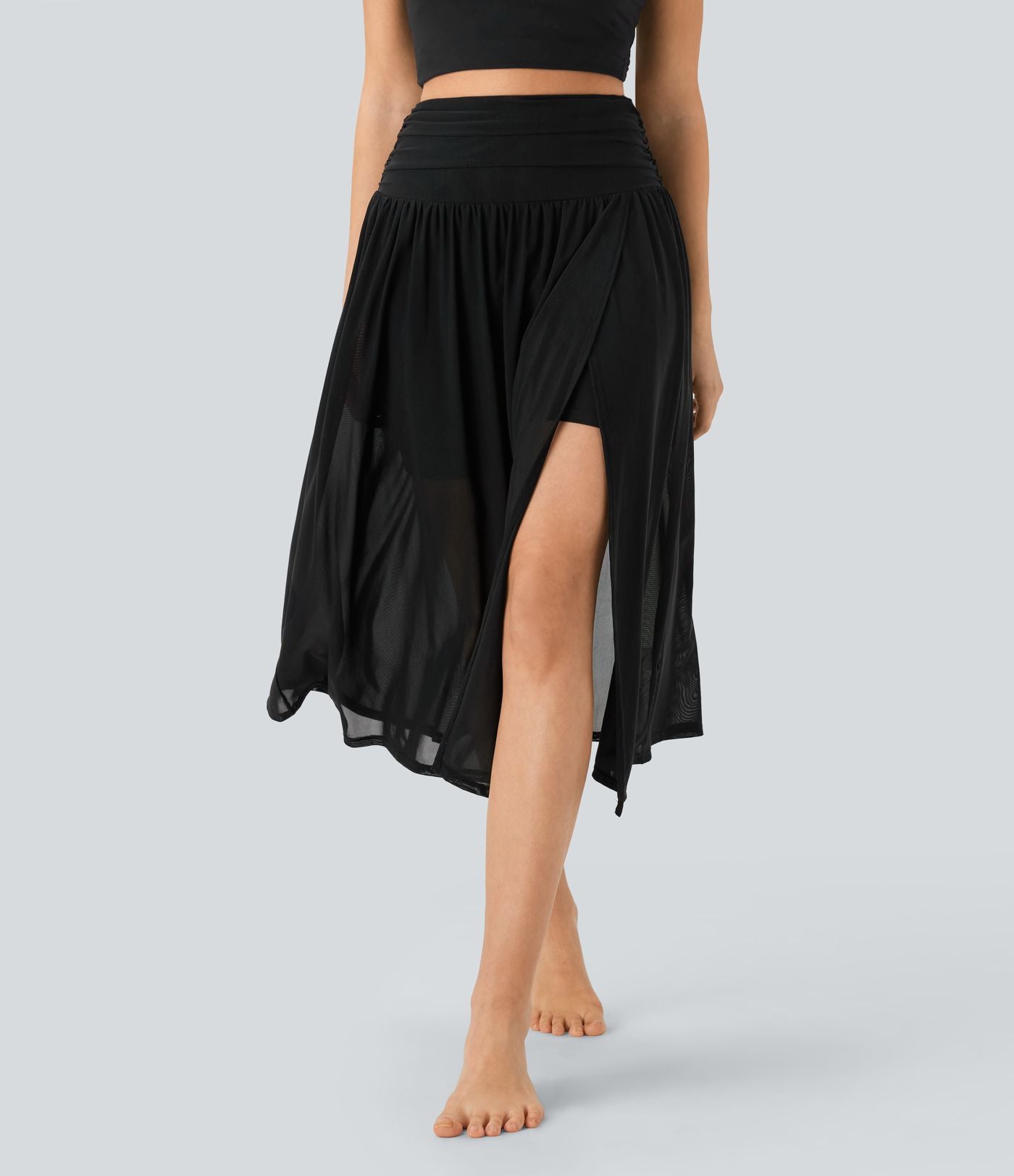 Jupe de danse mi-longue fluide 2-en-1 taille haute, fendue avec poche latérale