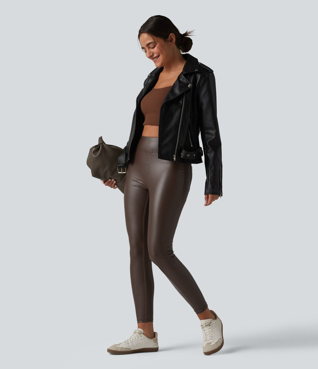 Pantalon skinny casual taille haute en simili cuir extensible avec poches