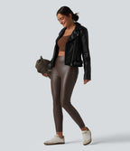Pantalon skinny casual taille haute en simili cuir extensible avec poches