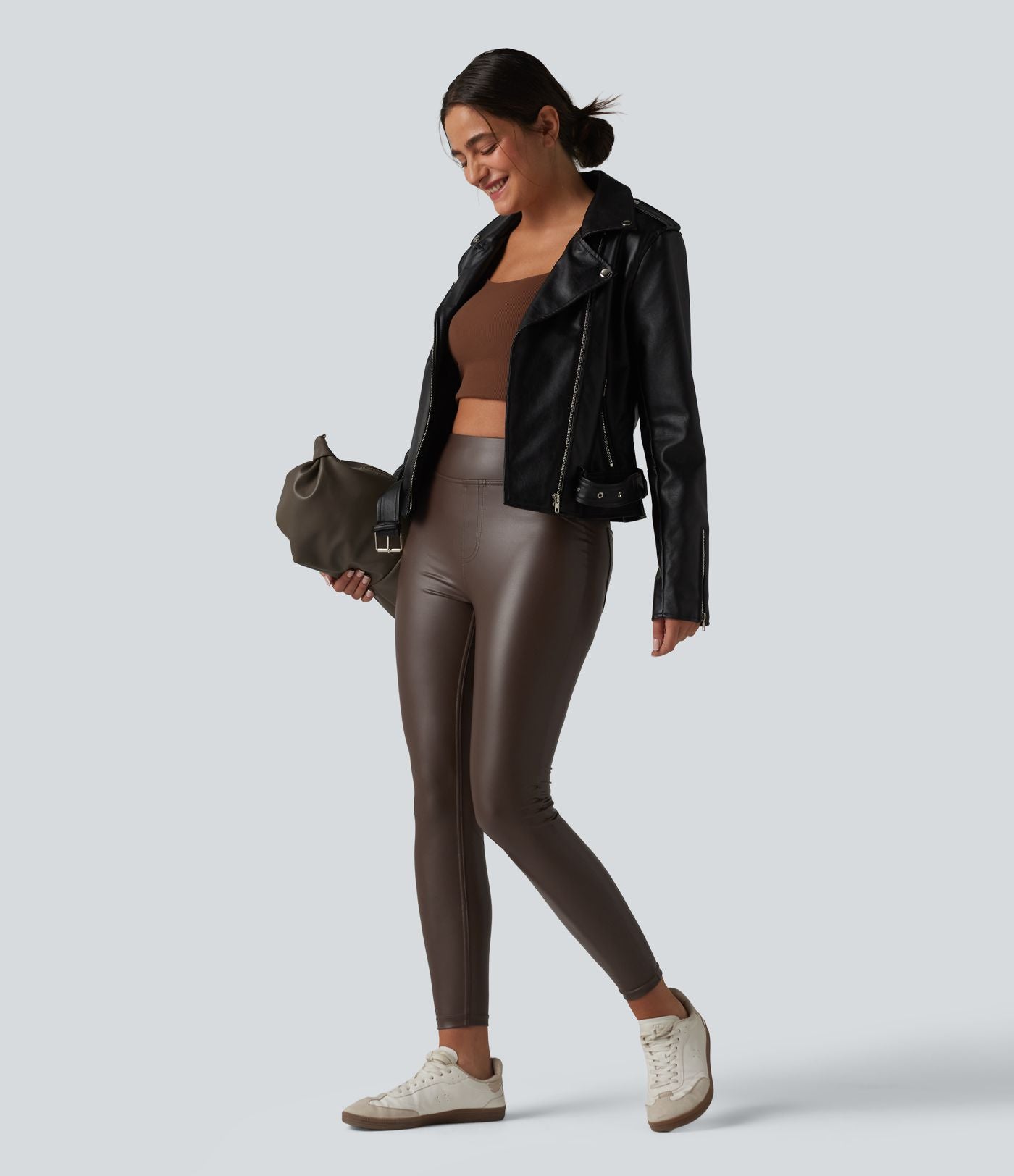 Pantalon skinny casual taille haute en simili cuir extensible avec poches